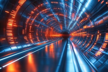 Poster - Futuristic glowing tunnel with vibrant blue and orange light effects at night