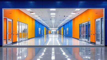 A strikingly colorful and modern empty hallway features bright blue and orange walls with reflective surfaces and doors, offering a vibrant view