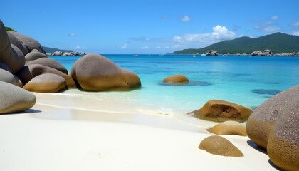 Poster -  Tranquil beach cove with vibrant turquoise waters and unique rock formations