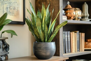 Poster - A striking snake plant sits in a pot on a shelf, flanked by books and decor, set in a cozy room that marries nature with modern interior aesthetics.