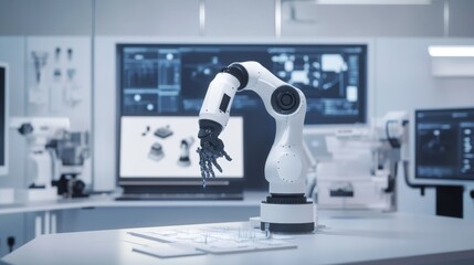 Poster - A robot performing complex 3D modeling in a cutting-edge design studio with advanced CAD systems and large displays, clean and creative environment, Design-tech style