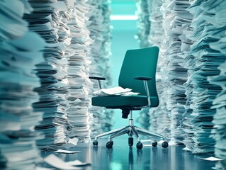 A cluttered office space filled with tall stacks of papers surrounding a single green office chair, creating a sense of chaos.