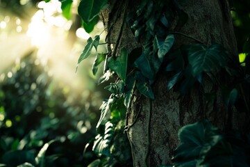 Poster - Sun rays penetrate through dense foliage, casting a serene glow on the forest floor and illuminating the textured leaves growing on the tree trunks, creating an ethereal scene.