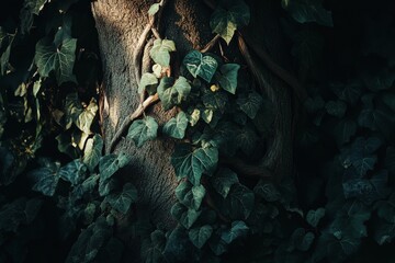 Poster - Dense ivy leaves create a natural tapestry over the textured bark of an old tree, intertwining and creating a lush, vibrant green pattern in the soft light.