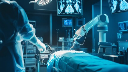 Poster - a robot performing complex surgery in a futuristic operating theater with holographic displays, clea