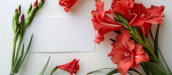 Gladiolus flowers and a white card featuring blank copy space image