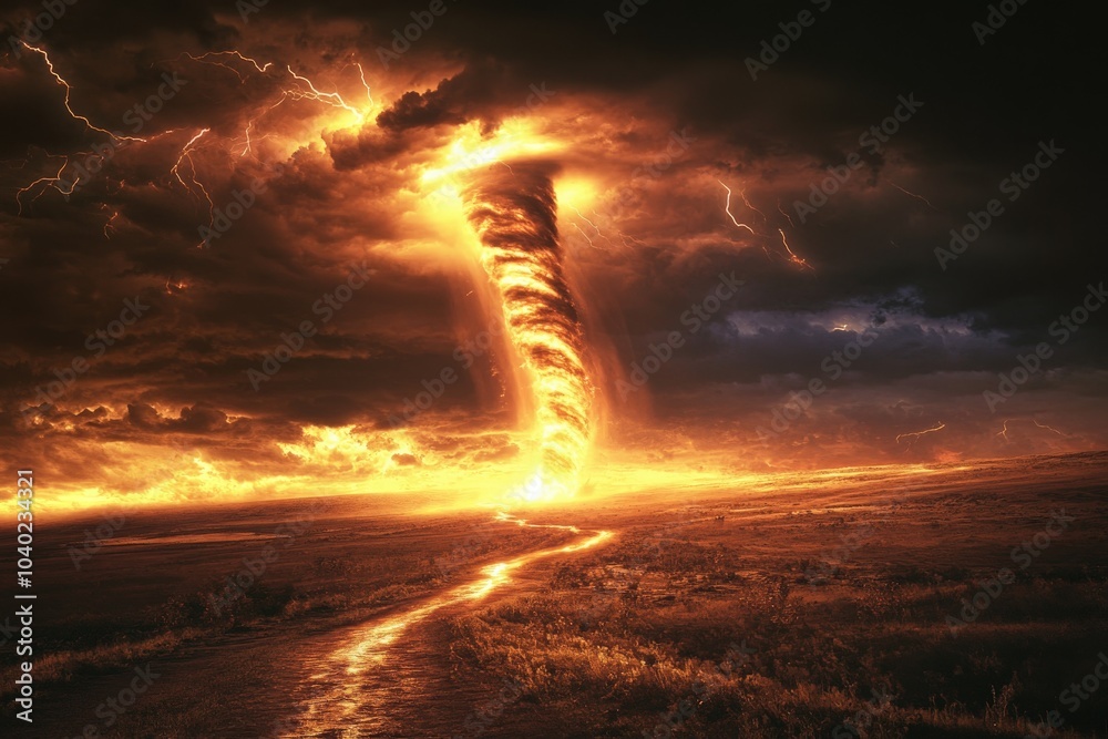 A fiery tornado blazes with intense light through a stormy night ...