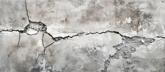 Vertical uneven crack in the wall post earthquake showcasing cracked concrete covered with gray mortar leaving room for a copy space image