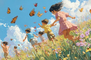 Poster - a painting of children playing in a field of flowers