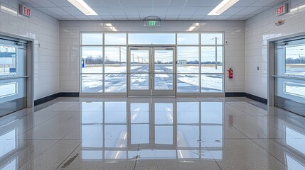 A spacious indoor corridor with shiny tiled floors and large glass doors providing a clear view of the snowy landscape outside contrasting the modern architecture