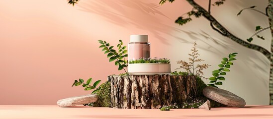 Canvas Print - Organic cosmetic products displayed on a unique podium made of bark from trees adorned with green moss set against a pastel backdrop creating an ideal still life setting for product presentation with