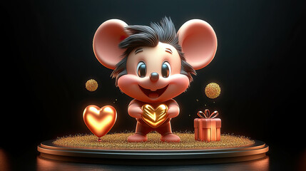 A  mouse holding a heart and a gift box. The mouse is smiling and he is happy