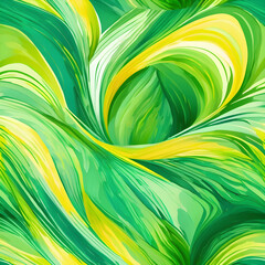 Abstract watercolor seamless pattern with overlapping curves in bright green and yellow shades.