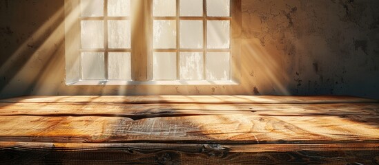 A wooden table with a soft window lit wall background casting subtle shadows providing an ideal copy space image