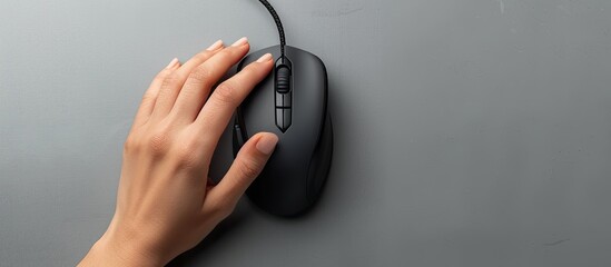Poster - top view of a woman using a contemporary wired computer mouse on a grey background with available co