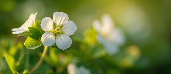 Poster - White purslane flower in close up with a blurred green backdrop perfect for copy space image