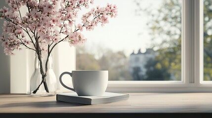 A serene morning scene featuring a cup on a table beside a flowering branch, with soft light streaming through the window.