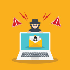 Hacker, Cyber criminal with laptop stealing user personal data. Hacker attack and web security. Internet phishing and spam concept. Hacker in black with laptop trying to cyber attack.	