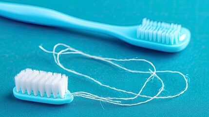 Blue toothbrush and dental floss on a blue background