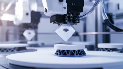 Poster - A robot performing intricate 3D printing tasks in a high-tech additive manufacturing lab with multiple printers, clean and precise environment, Printing-tech style