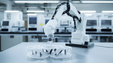 Poster - A robot performing intricate 3D printing tasks in a high-tech additive manufacturing lab with multiple printers, clean and precise environment, Printing-tech style