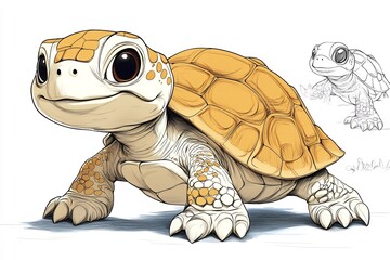 Poster - Cute turtle cartoon character with a friendly smile perfect for kids' coloring books The handdrawn vector illustration features black outlines on a white background ideal for coloring fun