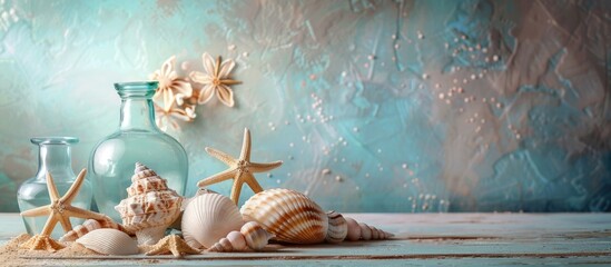 Wall Mural - Beach themed tableau with seashells and starfish set on a table backdrop providing ample room for text in the image