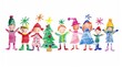 © Rymma - Children's crayon drawing of Christmas theme in festive attire celebrating with Christmas tree.