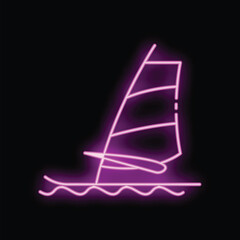 Canvas Print - Glowing neon sign of a windsurfing board with sail on the sea at night