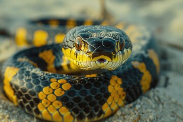 A close-up shot of a snake's head on a sandy surface