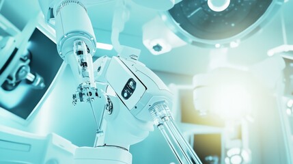 Poster - a robot performing intricate robotic surgery in a futuristic surgical theater with advanced robotic 
