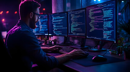 Programmierer arbeitet nachts in futuristischer Umgebung