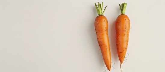 Two vibrant carrots placed on a blank isolated white backdrop with copy space image