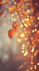 Sticker - A serene scene capturing glowing lights intertwined with autumn leaves, creating a warm, enchanting atmosphere.