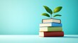 © weerasak - A stack of colorful books with a green plant sprouting, Establish a sustainable mindfulness library offering books and resources on eco-conscious living and mental well-being without paper waste.