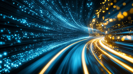Poster - bright light trails depict rapid data transfer in a dynamic digital landscape, showcasing connectivi