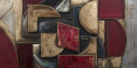 Wall Mural - Geometric Metal Wall Sculpture with Red and Gold