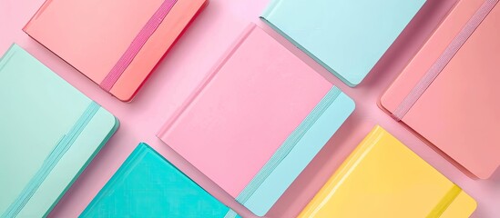 Poster - Overhead shot of pastel notebooks on a blank backdrop ideal for school or office settings emphasizing the flat lay style with ample copy space image