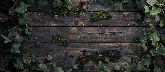 Wall Mural - wood and moss create a rustic backdrop adorned with ivy leaves perfect for a copy space image