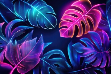 Wall Mural - Vibrant neon leaves glowing in various colors against a dark background, perfect for tropical or modern design aesthetics.