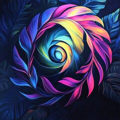 Wall Mural - Vibrant spiral design featuring colorful leaves in shades of blue, pink, and yellow, set against a dark background.