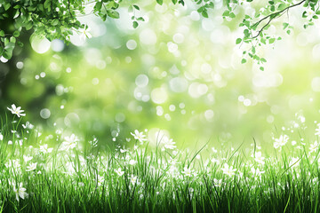 green summer meadow with white flowers and bokeh blur background