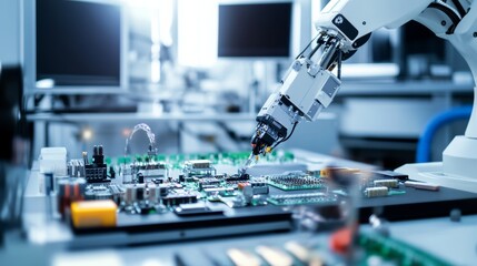 Poster - A robot performing precision assembly tasks on intricate electronic components in a clean, high-tech electronics lab with organized workstations, Electronics assembly tech style