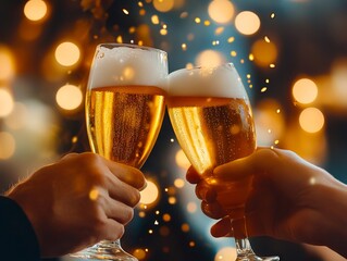 Two people toasting with champagne glasses in front of a christmas tree