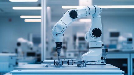 Poster - A robot performing precision calibration on advanced robotics equipment in a modern robotics workshop, clean and detailed environment, Calibration-tech style