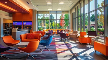 Poster - Modern study lounge with colorful furniture and digital displays