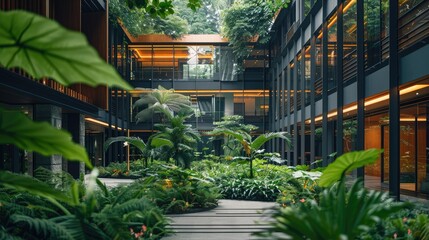 Outdoor view of a contemporary office building surrounded by greenery