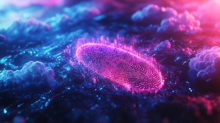 Close-up of a fingerprint being scanned to unlock cloud storage, holographic cloud symbols and digital data patterns floating around, dark environment with bright blue and purple neon lighting,