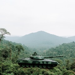 A military tank positioned in a lush mountainous landscape.