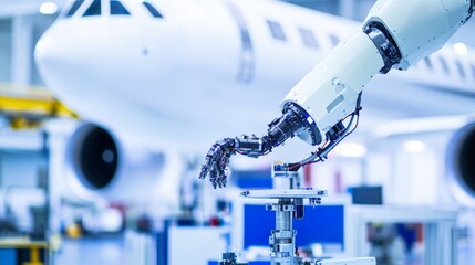 Poster - A robot performing precision repairs on advanced aerospace equipment in a clean, high-tech workshop with organized tools and components, Aerospace tech style